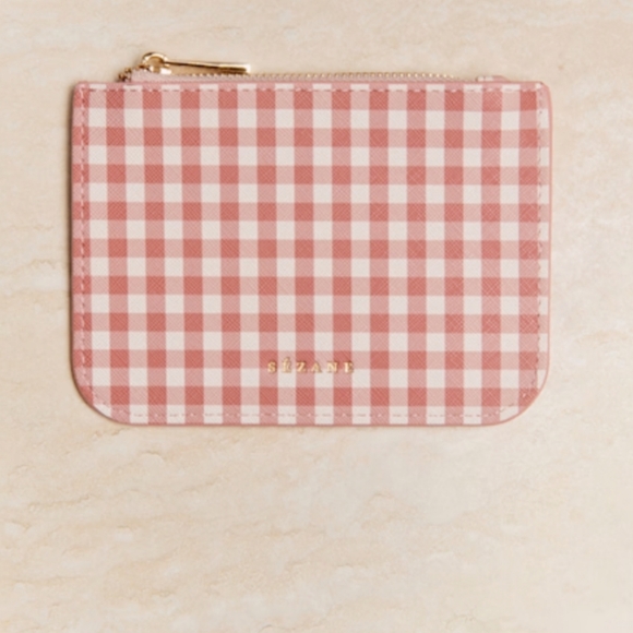 Nwt! Sezane Small Zip Pouch Polyrethane Pink Ghingam - Picture 1 of 7
